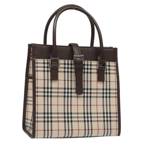 BURBERRY Nova Check Hand Bag Canvas Beige Silver Auth 118612 - Picture 1 of 16